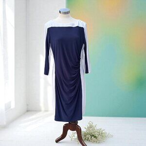 Lauren Ralph Lauren Dress Size 16 W Navy Blue White Knit Ruched Colorblock Work